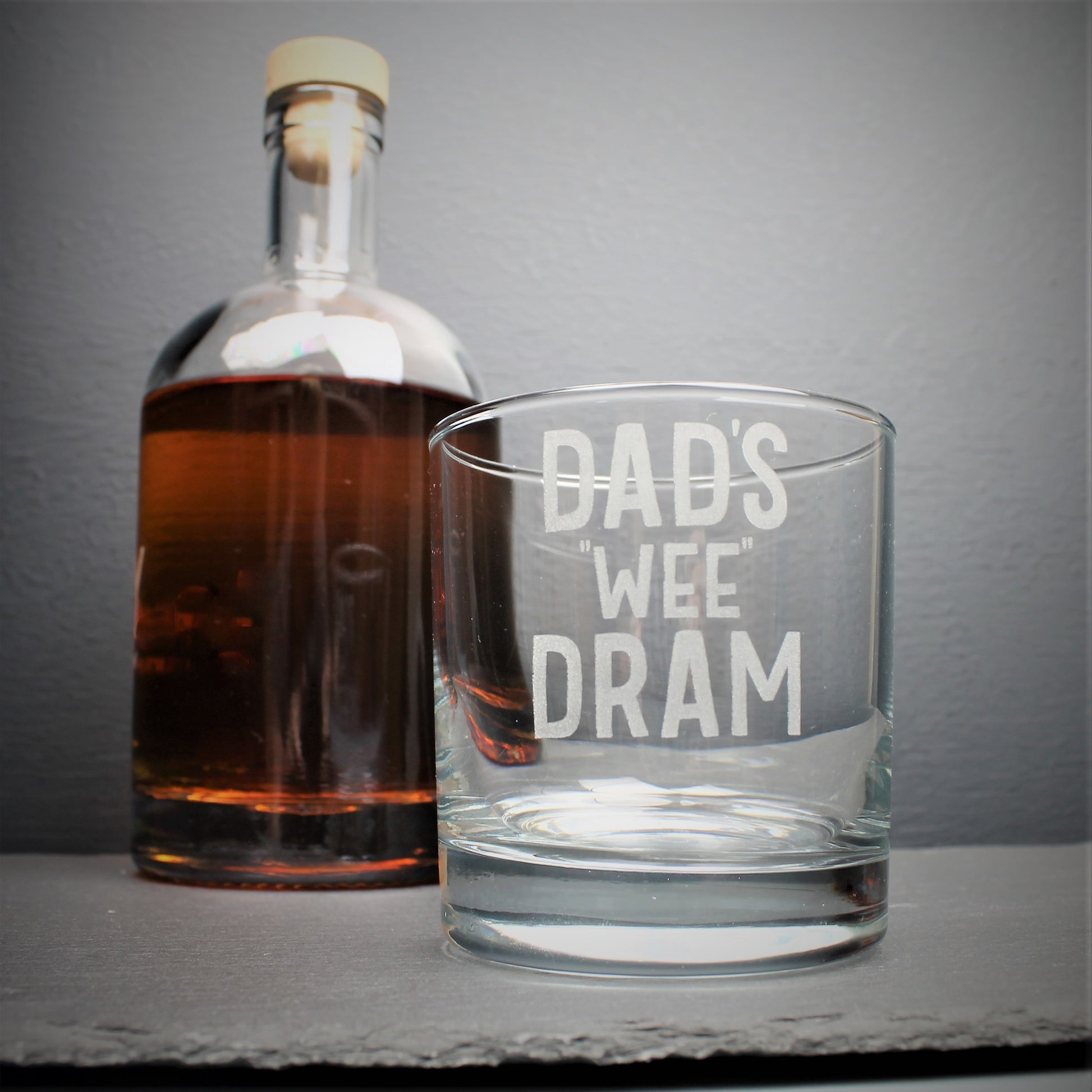 Engraved glass with Dad's wee dram, can also be personalised with own text