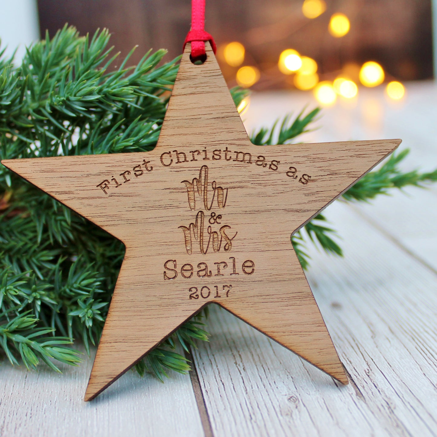 Mr & Mrs First Christmas Wooden Star Bauble