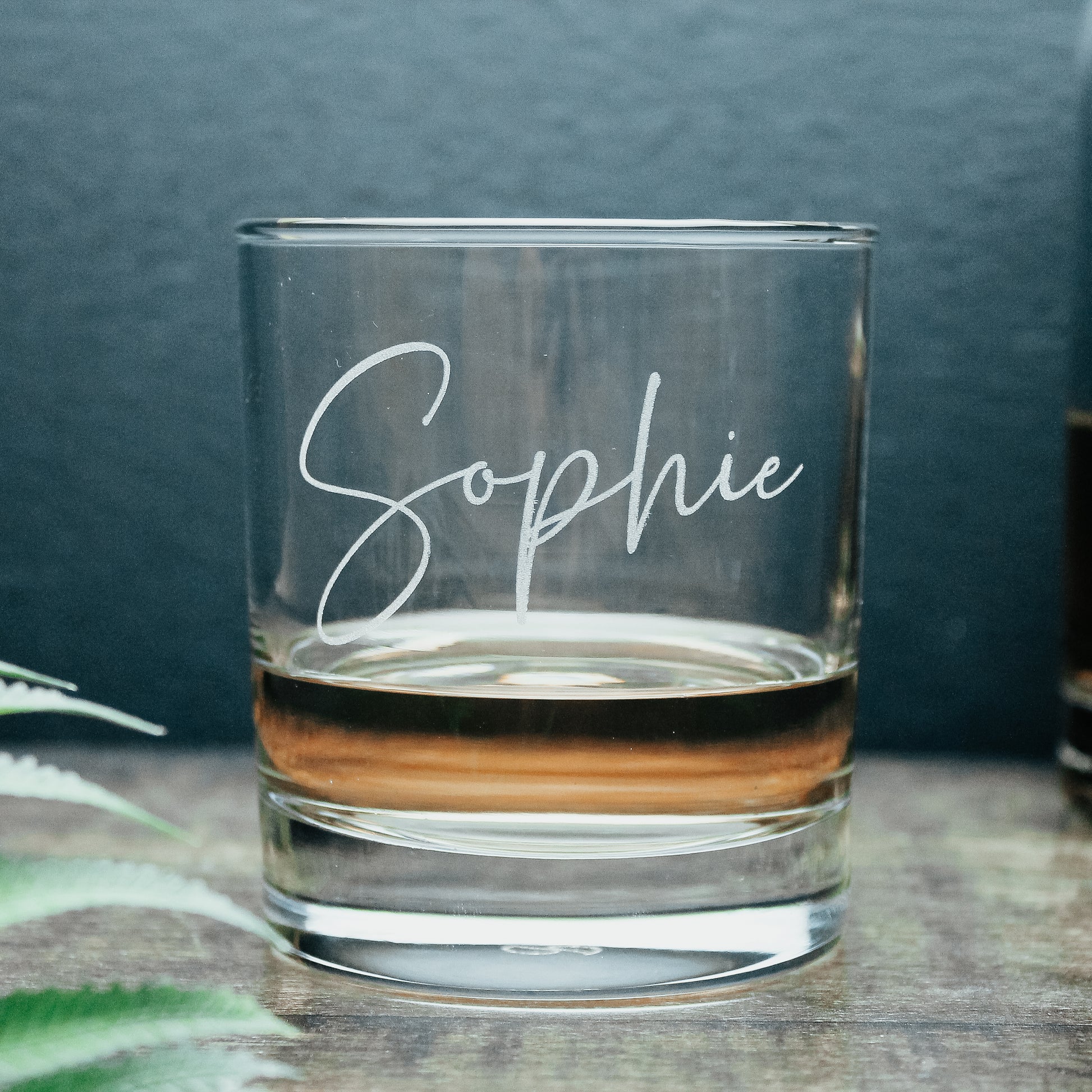 Personalised name glass whisky tumbler with calligraphy font 