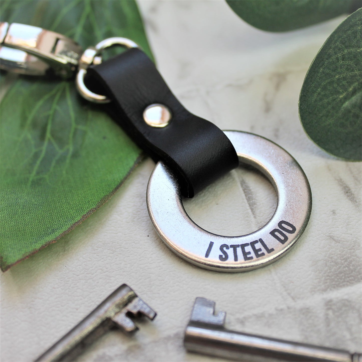 Anniversary gift for him - metal engraved steel keyring with leather 