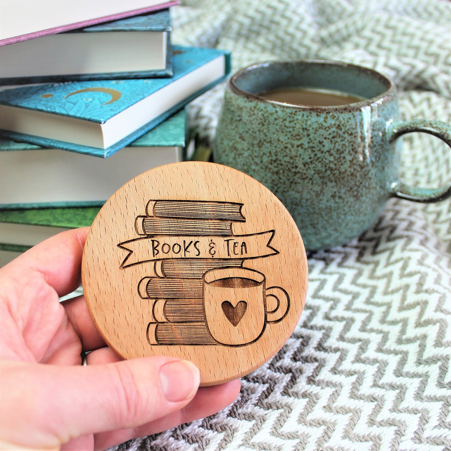 book lover coaster made from wood and engraved