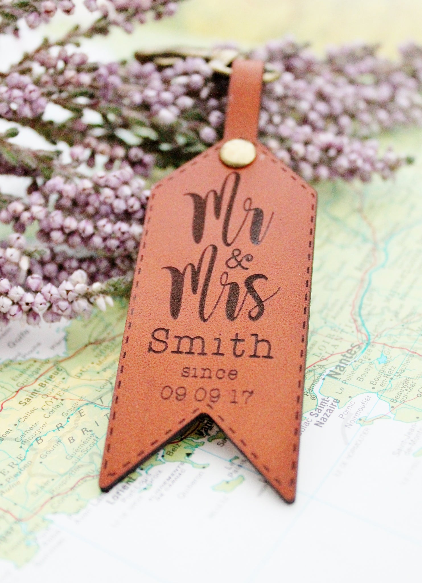 Luggage tag customised with names and date, ideal 3 year anniversary gift 