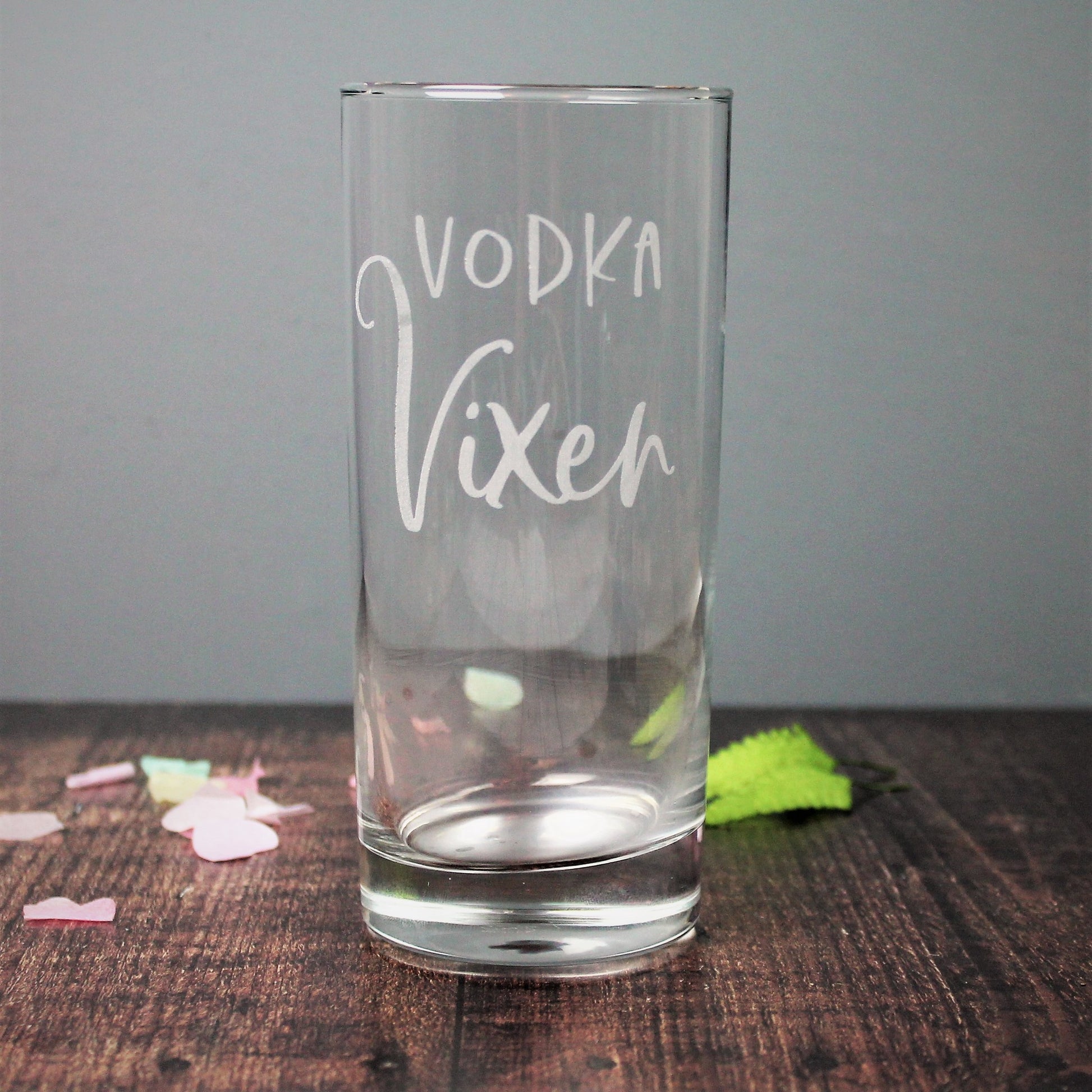 engraved tall vodka glass with the words vodka vixen