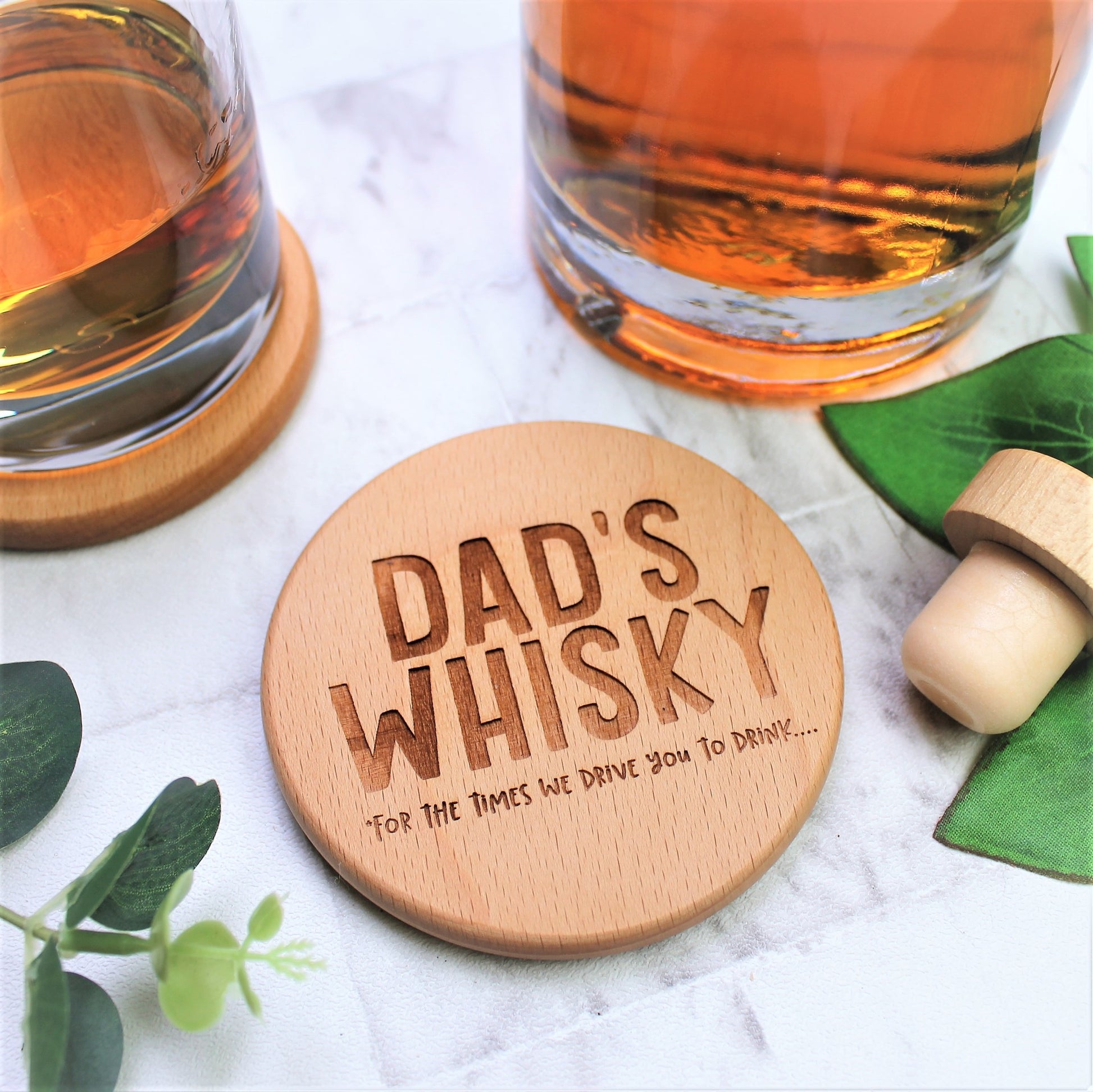 round wooden engraved coaster for whisky loving dad