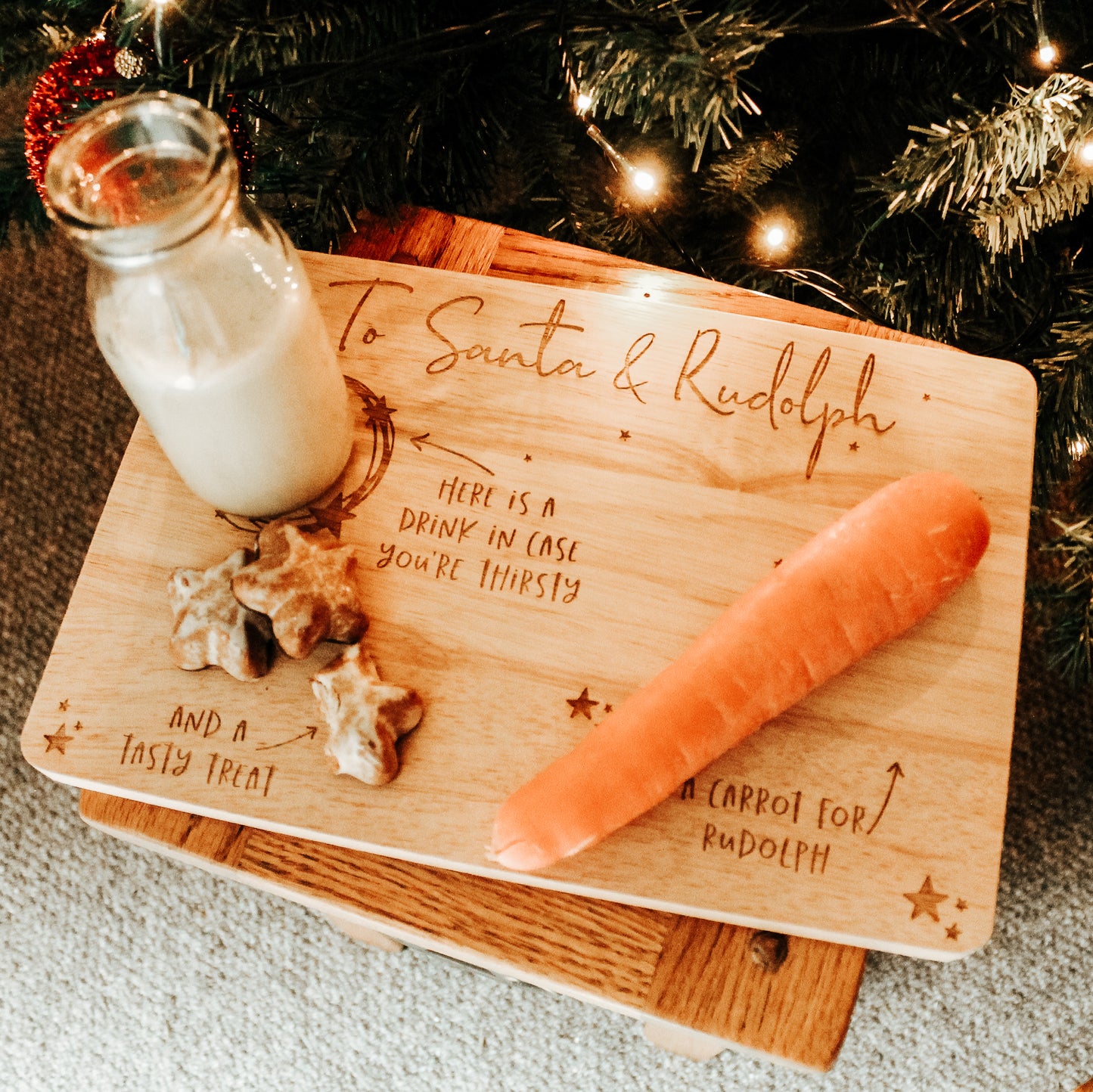wooden engraved Santa Christmas eve board for milk and treats