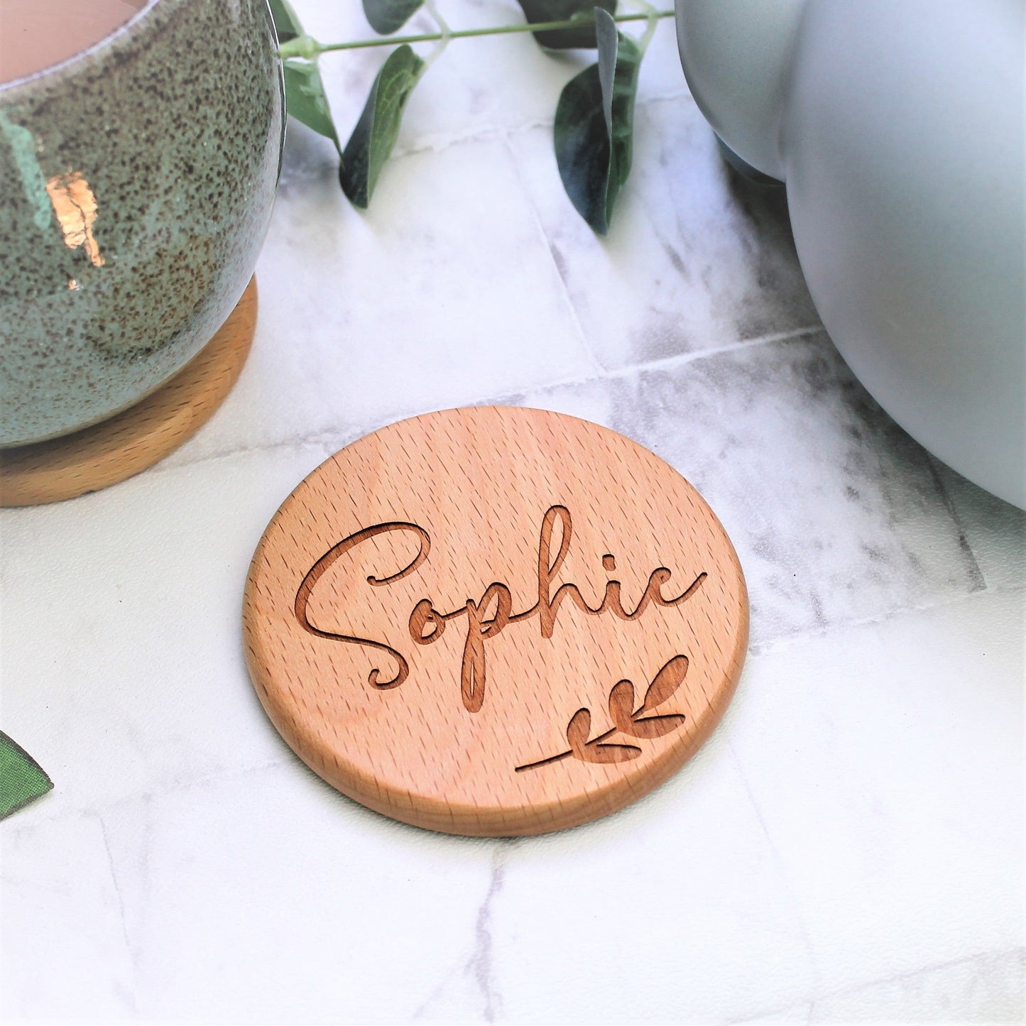 wooden engraved coaster with name and leaf design