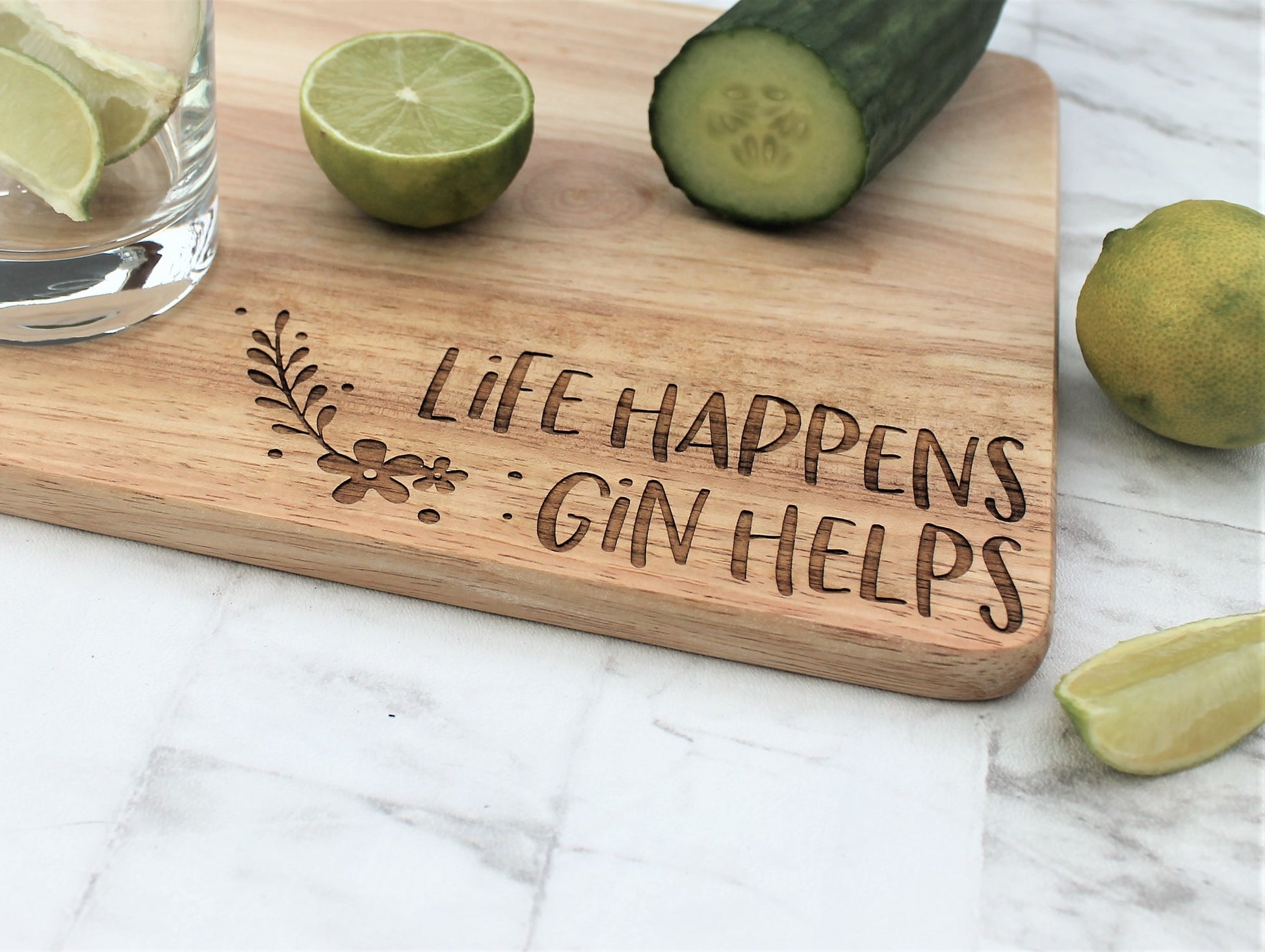 Life happens gin helps wooden engraved chopping board