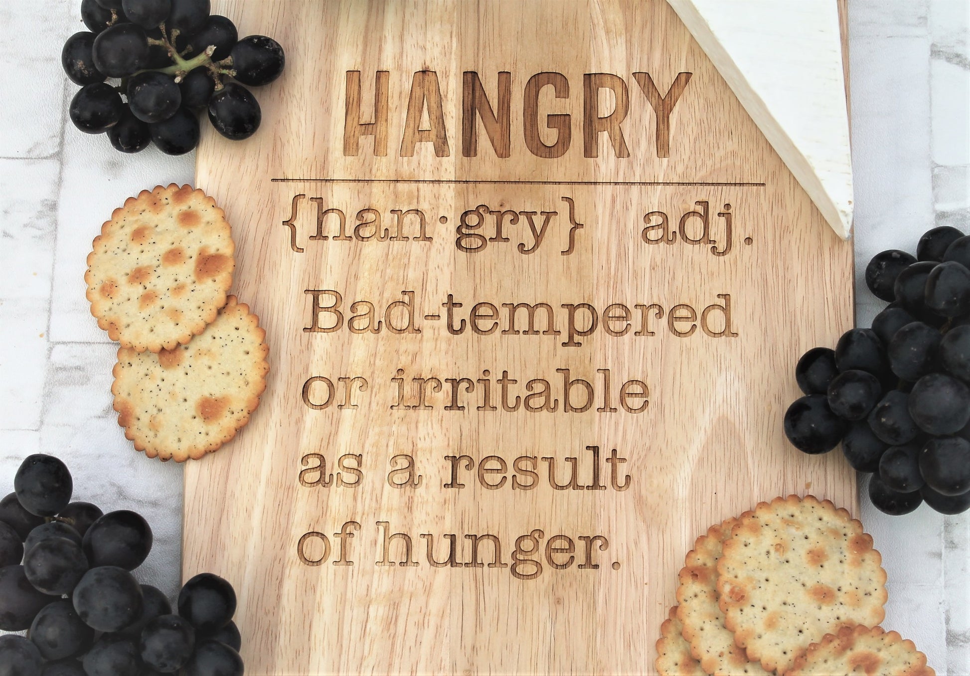 Hangry definition engraved wooden chopping board perfect family gift. Engraved with the definition of hangry on it