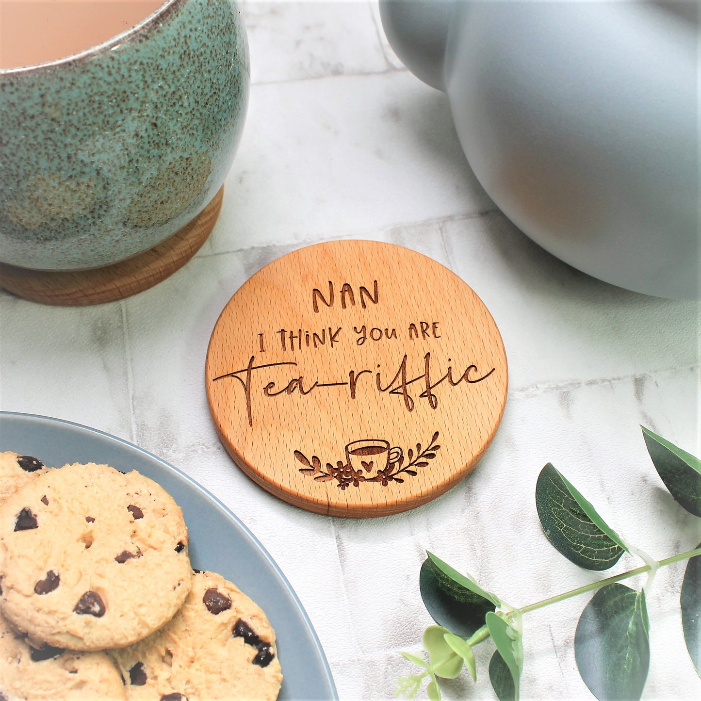Wooden engraved nan coaster for a tea lover