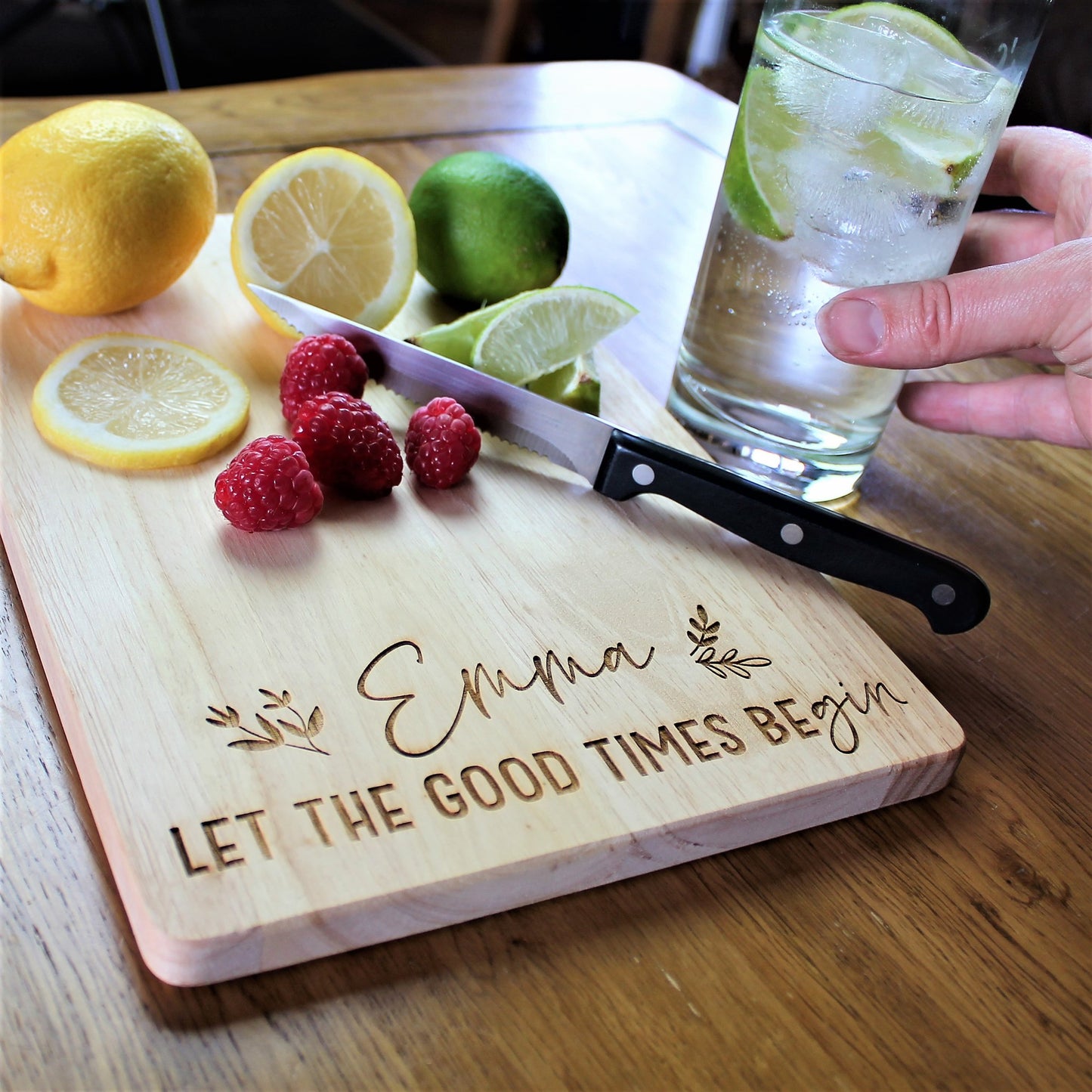 Personalised wooden gin serving board engraved with custom name