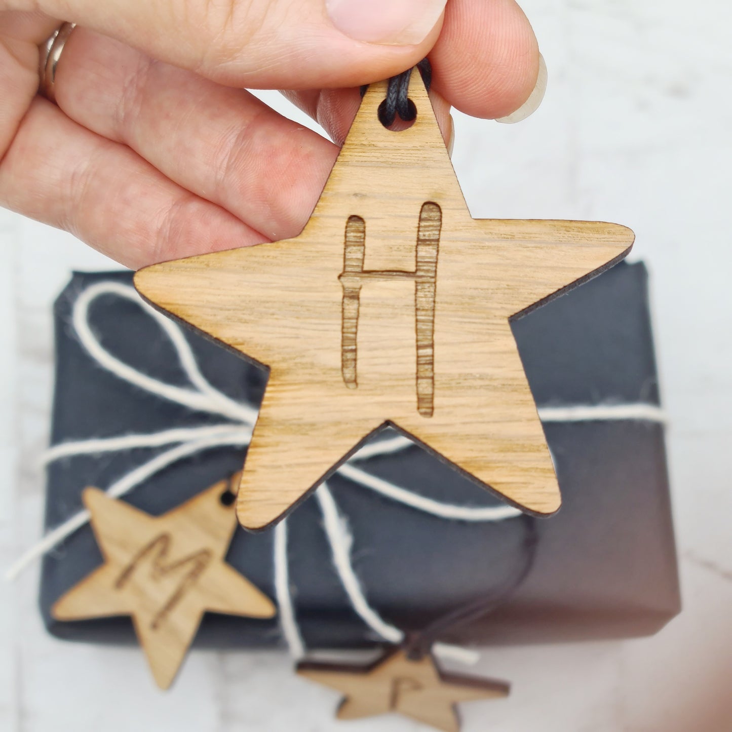 star shaped wooden gift tag with custom initials 