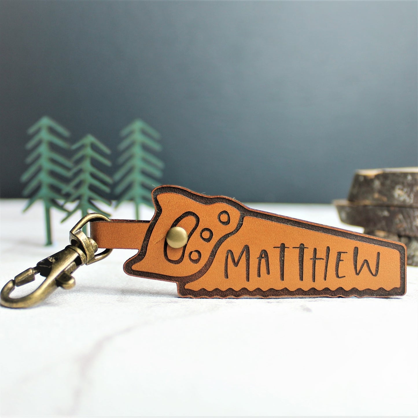 personalised with name saw shaped tool keyring for carpenter